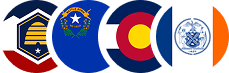 Row of circular municipality and state emblems representing different locations